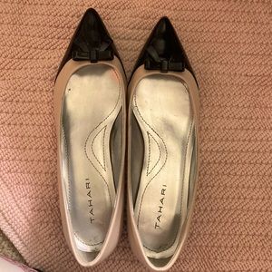 Tahari slip on kitten toe flat shoe.